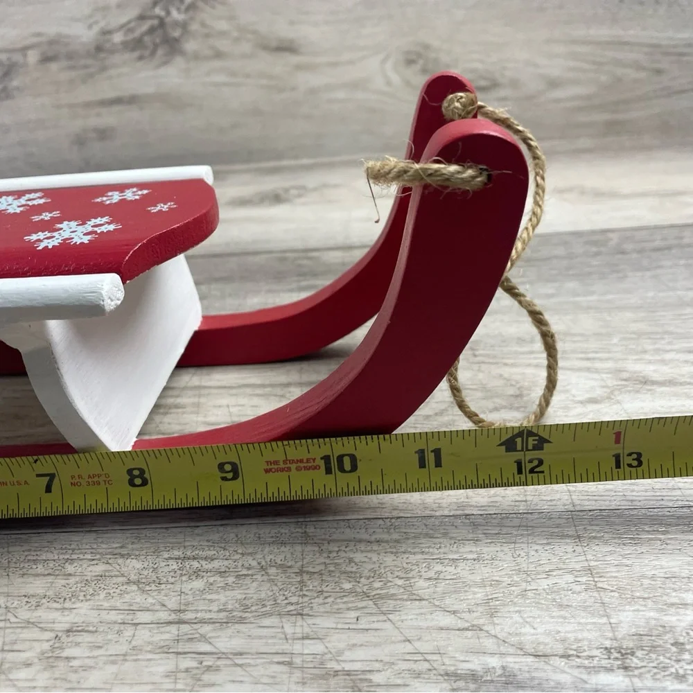 Christmas Wooden Sleigh Red White With Snowflakes Decor 1 Foot Long